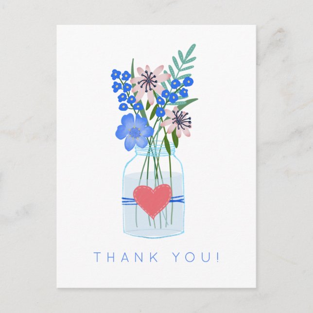 Rustic Floral Mason's Jar Love Heart Thank You Postcard (Front)