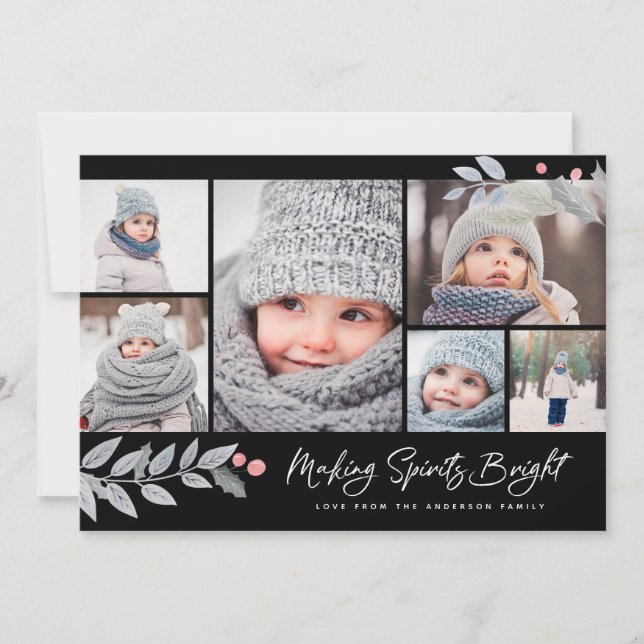 Rustic Floral Merry Bright Multi-Photo Collage Holiday Card (Front)