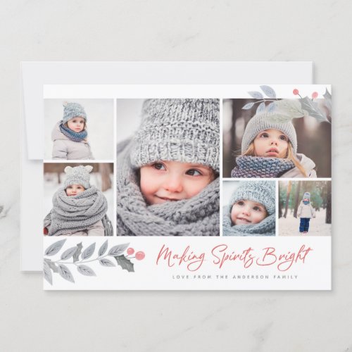 Rustic Floral Merry Bright Multi_Photo Collage Holiday Card
