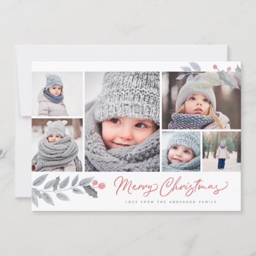 Rustic Floral Merry Christmas Multi_Photo Collage Holiday Card