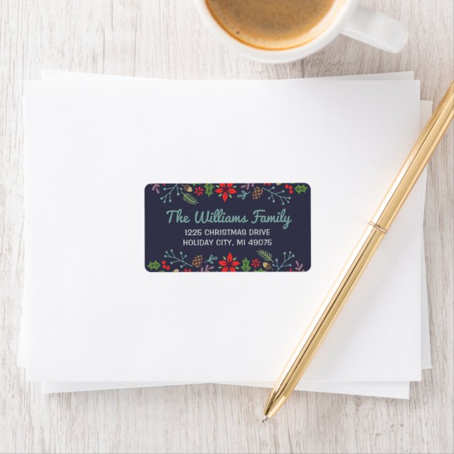 Rustic Floral Midnight Blue Holiday Return Address Label (Insitu)