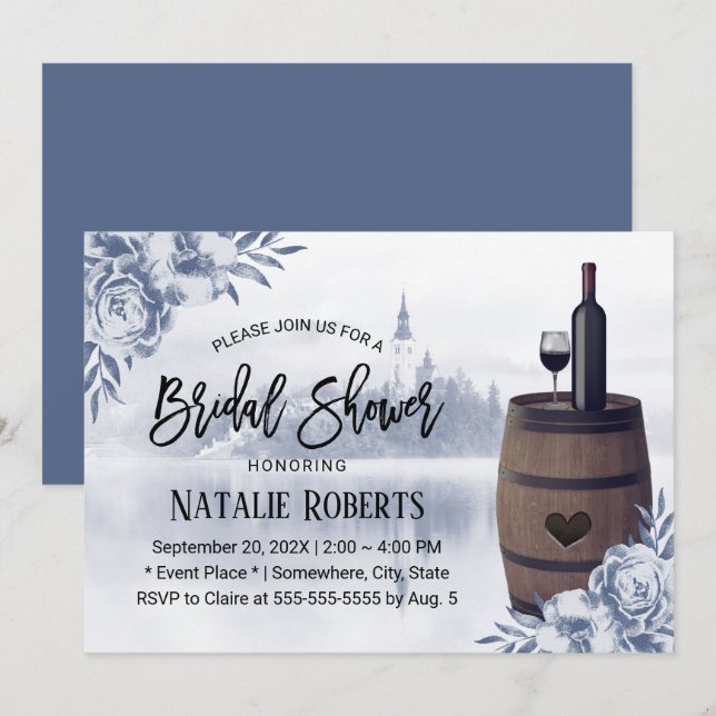 Rustic Floral Misty Lake Wine Barrel Bridal Shower Invitation (Front/Back)