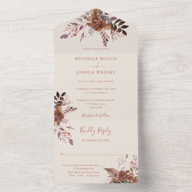 Rustic Floral Monogram Autumn Fall Wedding All In One Invitation (Inside)