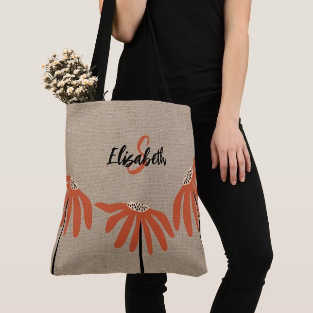 Rustic Floral Monogrammed Name Orange Black Tan Tote Bag (Close Up)