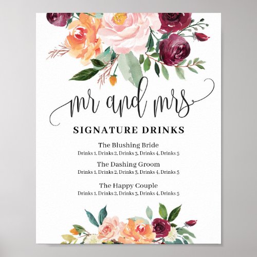 Rustic floral mr and mrs signature drinks sign