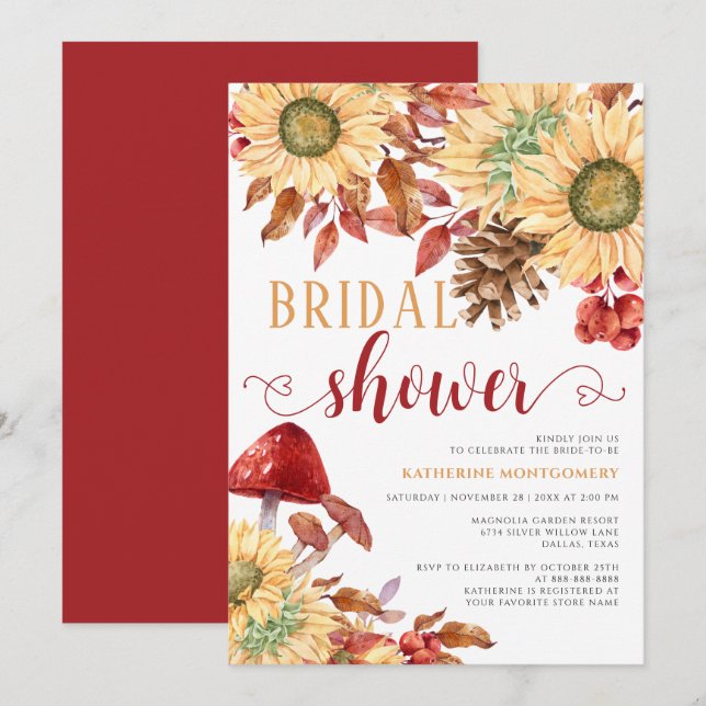 Rustic Floral Mushroom Sunflowers Bridal Shower Invitation (Front/Back)