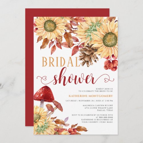 Rustic Floral Mushroom Sunflowers Bridal Shower Invitation