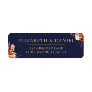 Rustic Floral Navy And Gold Wedding Return Address Label
