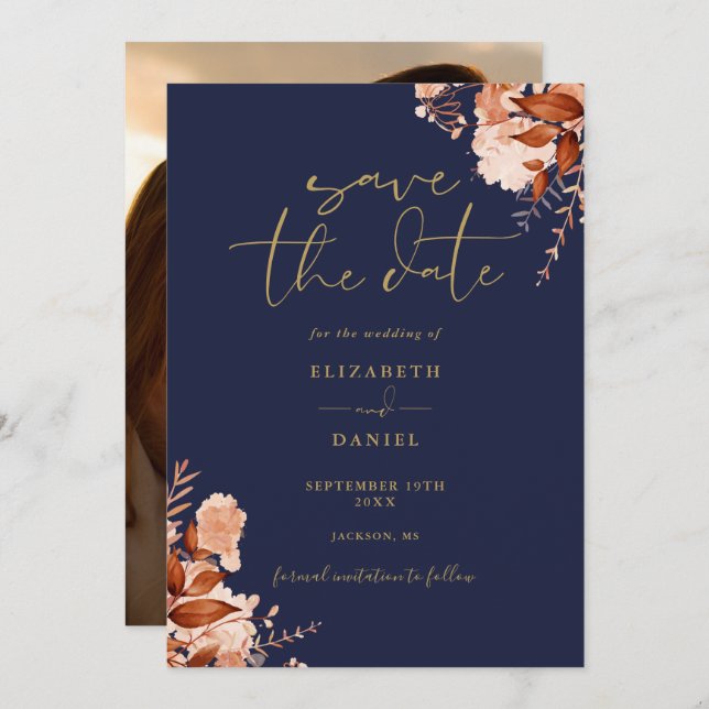 Rustic Floral Navy Blue And Gold Photo Wedding Save The Date (Front/Back)