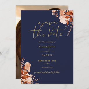Rustic Floral Navy Blue And Gold Photo Wedding Save The Date