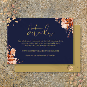 Rustic Floral Navy Blue And Gold Wedding Details Enclosure Card