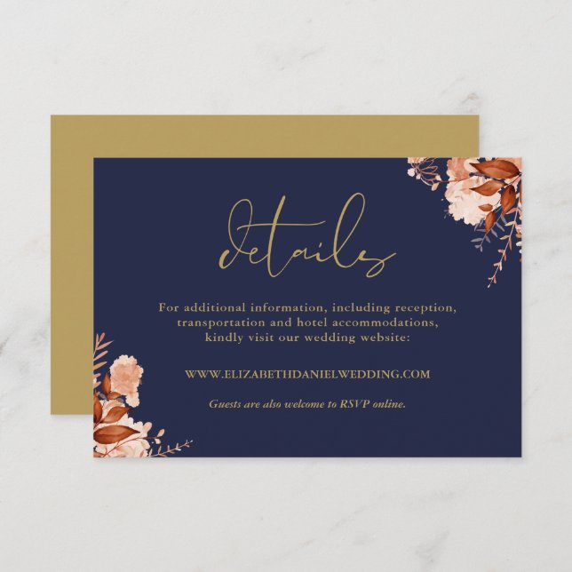 Rustic Floral Navy Blue And Gold Wedding Details Enclosure Card (Front/Back)