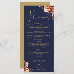 Rustic Floral Navy Blue And Gold Wedding Dinner Menu