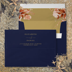 Rustic Floral Navy Blue And Gold Wedding Envelope
