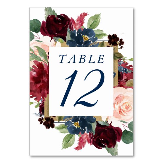 Rustic Floral | Navy Blue Burgundy Red Gold Frame Table Number