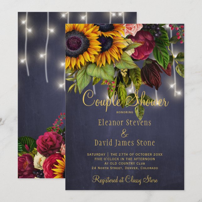 Rustic floral navy burgundy winter couple shower invitation (Front/Back)