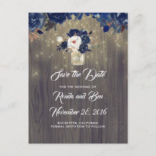 Rustic Floral Navy Mason Jar Save the Date Announcement Postcard