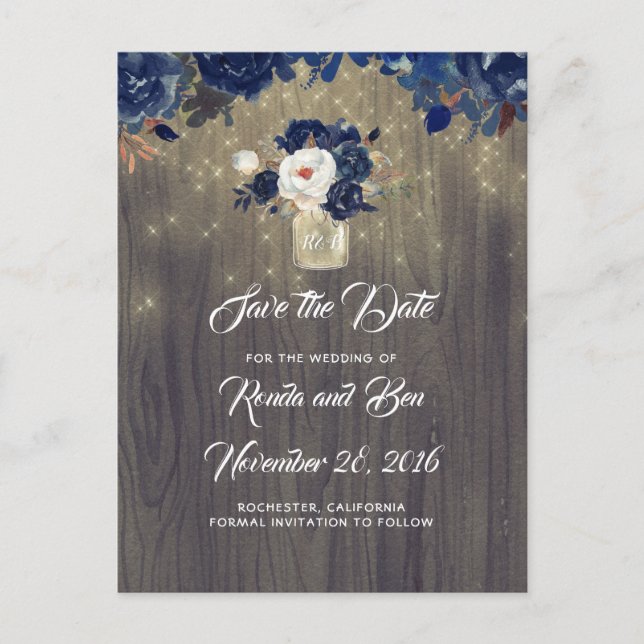 Rustic Floral Navy Mason Jar Save the Date Announcement Postcard (Front)