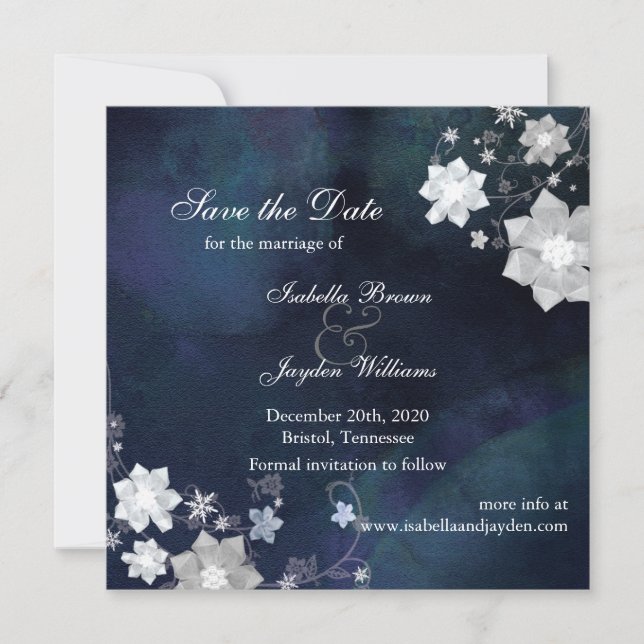 Rustic Floral Navy Winter Wedding Save the Date (Front)