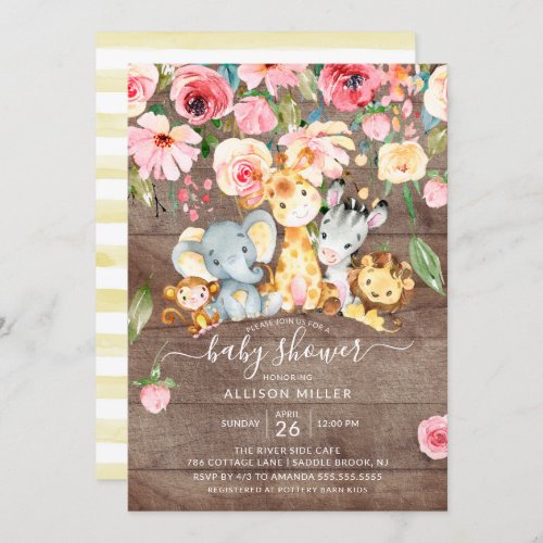 Rustic Floral Neutral Safari Animals Baby Shower Invitation