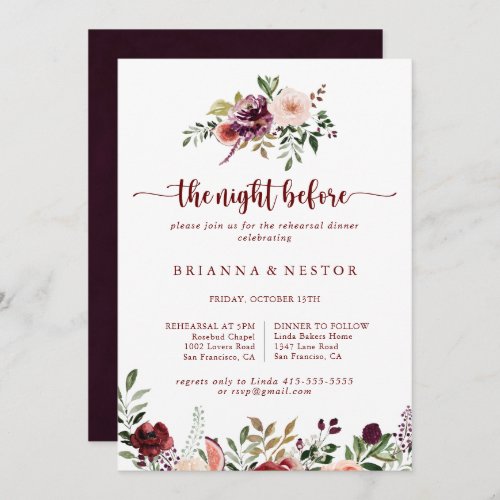 Rustic Floral Night Before Rehearsal Dinner  Invitation