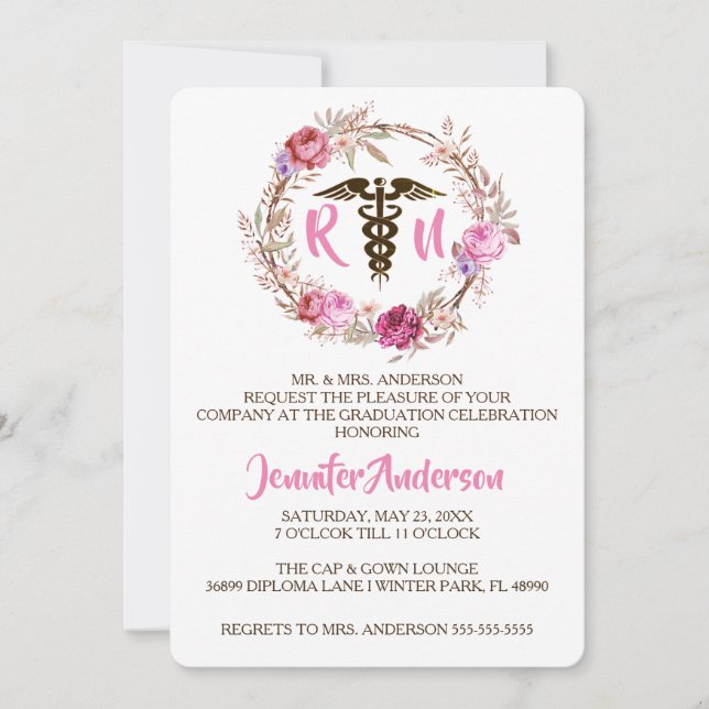 Rustic Floral Nursing School Graduation Invite (Front)