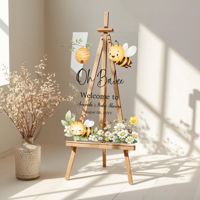 Rustic Floral Oh Babee Honey Bee Baby Shower Acrylic Sign (Creator Uploaded)