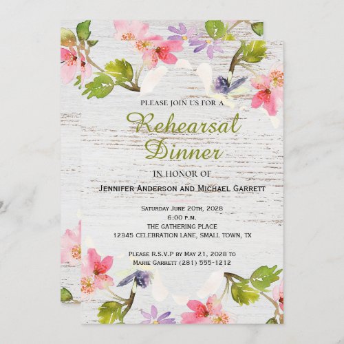 Rustic Floral on White Wood Rehearsal Dinner Invitation