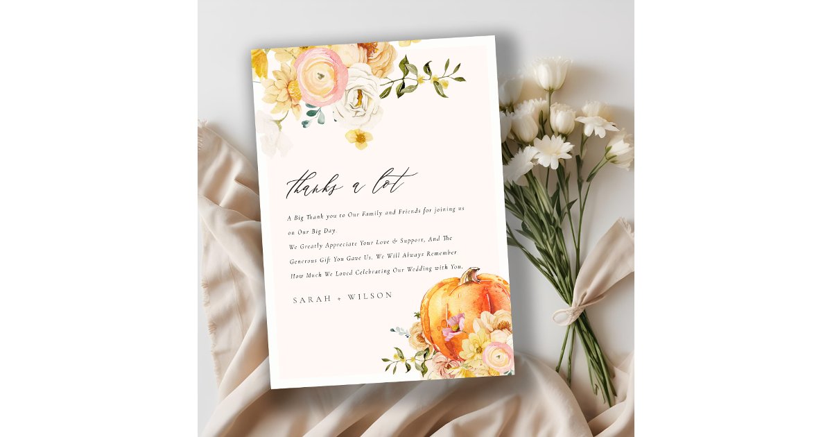Rustic Floral Orange Autumn Pumpkin Wedding Thank You Card | Zazzle