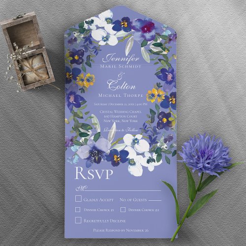 Rustic Floral Orchid Wreath Periwinkle Dinner All In One Invitation