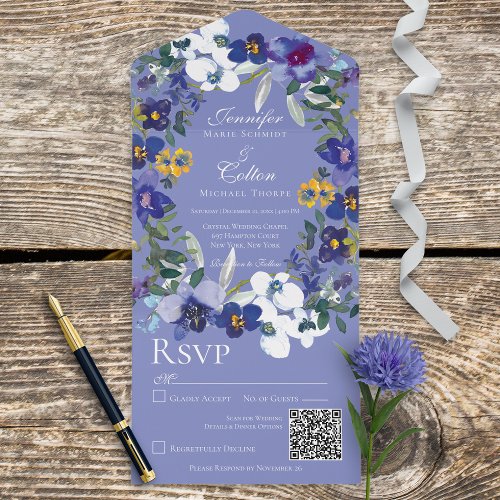 Rustic Floral Orchid Wreath Periwinkle QR Code All In One Invitation