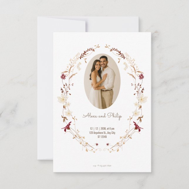 Rustic Floral Oval Photo Frame Botanical Wreath RSVP Card (Front)