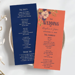 Rustic Floral Peach and Navy Blue Wedding Program