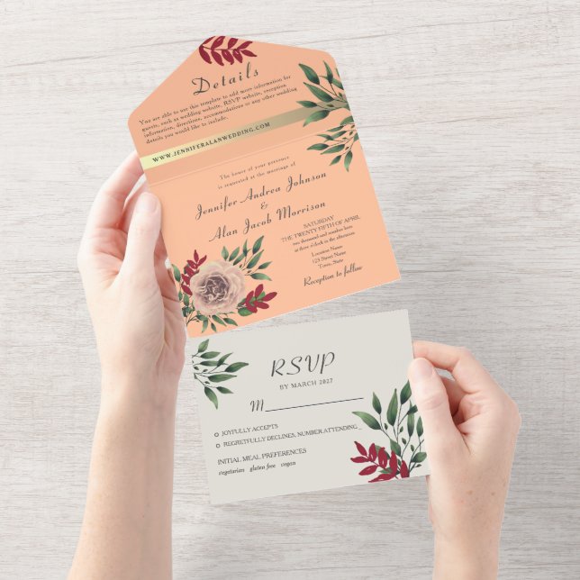 Rustic Floral Peach Fuzz Wedding All In One Invitation (Tearaway)