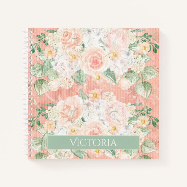 Rustic Floral Peach Green Personalized Notebook (Front)