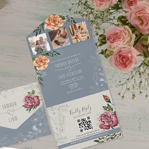 Rustic Floral Peach Pink Dusty Blue Wedding All In One Invitation