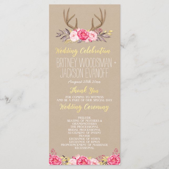 Rustic Floral Peony & Deer Antler Wedding Programs (Front)