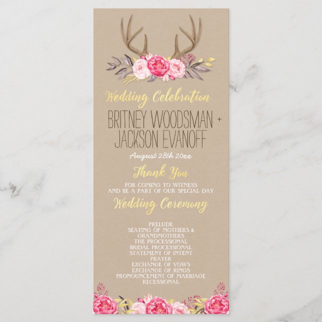 Rustic Floral Peony & Deer Antler Wedding Programs (Front)