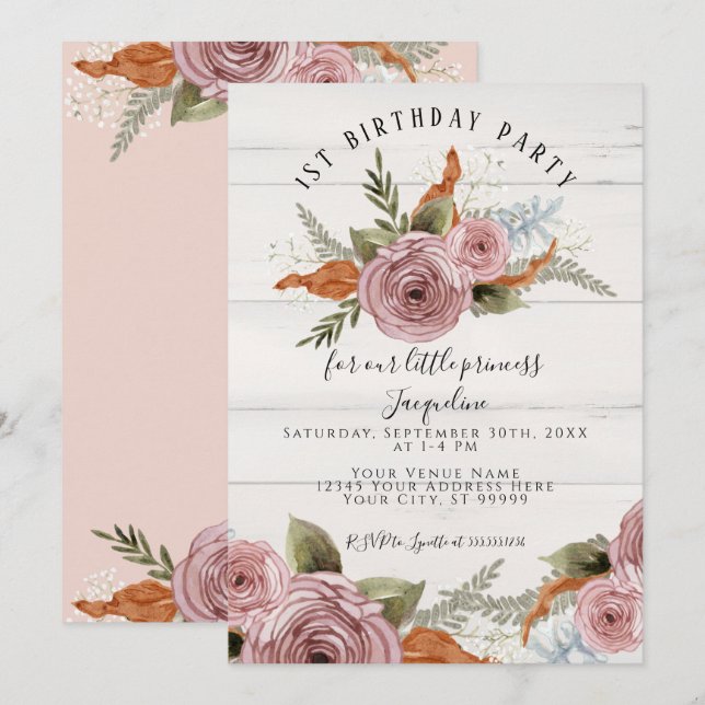 Rustic Floral Peony Dusty Pink 1st First Birthday Invitation (Front/Back)