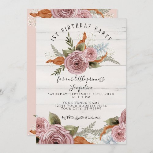 Rustic Floral Peony Dusty Pink 1st First Birthday Invitation