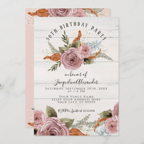 Rustic Floral Peony Dusty Pink Watercolor Birthday Invitation