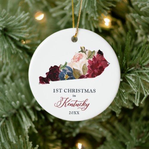 Rustic Floral Personalized Christmas In Kentucky Ceramic Ornament