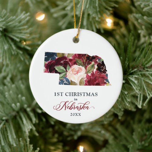Rustic Floral Personalized Christmas In Nebraska Ceramic Ornament