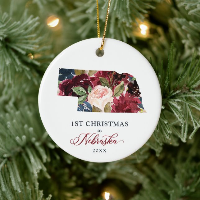 Rustic Floral Personalized Christmas In Nebraska Ceramic Ornament (Tree)