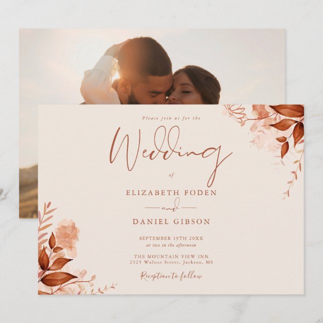 Rustic Floral Photo Autumn Fall Wedding Invitation (Front/Back)