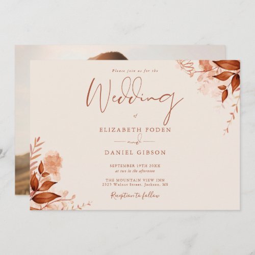 Rustic Floral Photo Autumn Fall Wedding Invitation