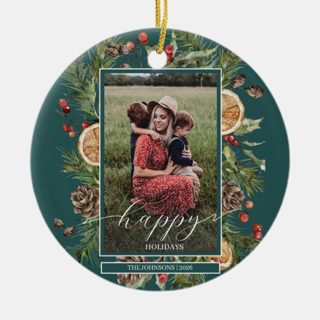 Rustic Floral Photo  Ceramic Ornament (Front)