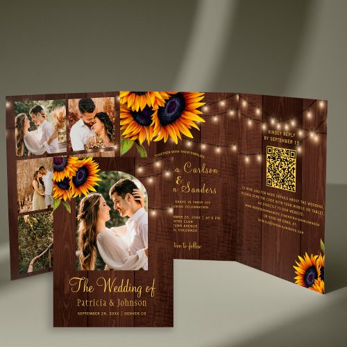 Rustic floral photo collage QR RSVP wedding Tri_Fold Invitation