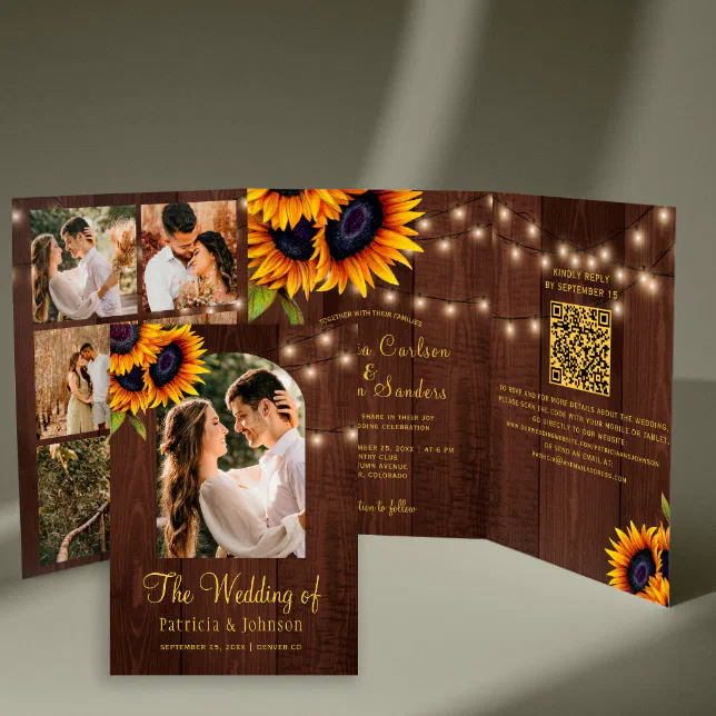 Rustic floral photo collage QR RSVP wedding Tri-Fold Invitation | Zazzle