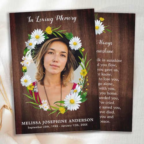 Rustic Floral Photo Memorial Prayer Card Funeral 
